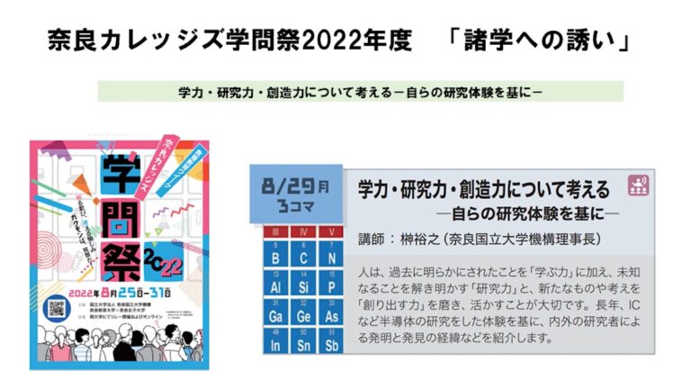 令和４年度に開催いたしました奈良カレッジズ学問祭「諸学への誘い」について、8月29日に講義いただいた榊理事長の講義動画を公開いたしました。